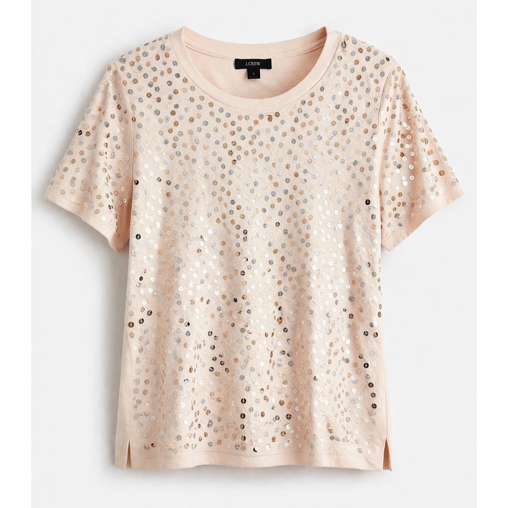 J Crew Womens Large Sequin Top Blush Pink Short Sleeve Embellished Tee